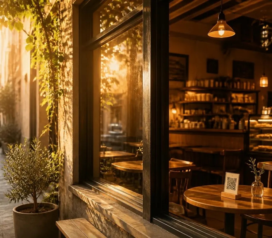Independent laneway café at golden hour with a QR code menu on the table