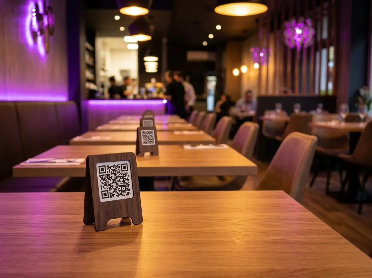 Restaurant with a QR code menu stand on every table