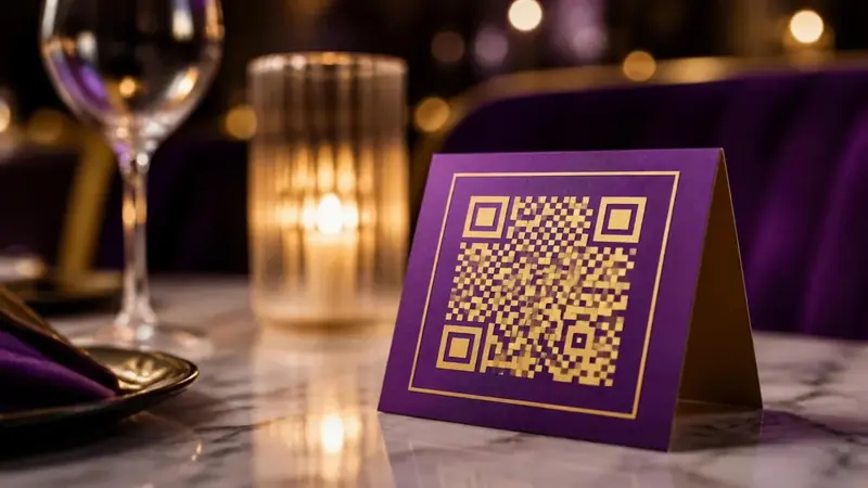 Purple and gold branded QR code menu card on a restaurant table