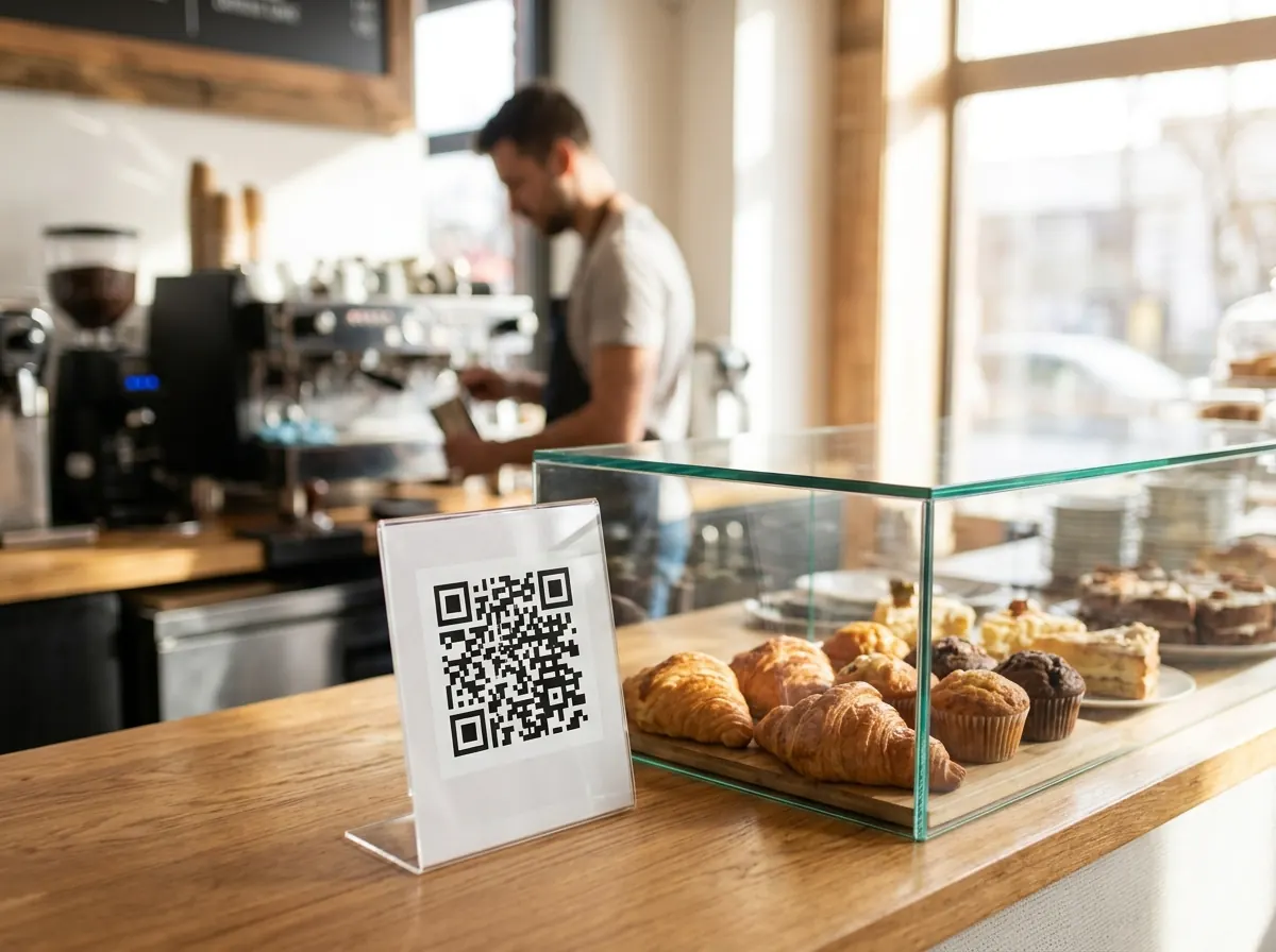 QR code menu stand on a café counter next to a pastry display