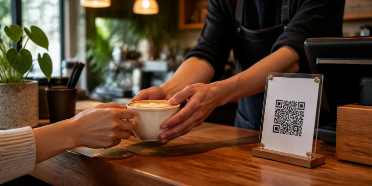Barista passing a coffee across a café counter beside a QR code menu stand