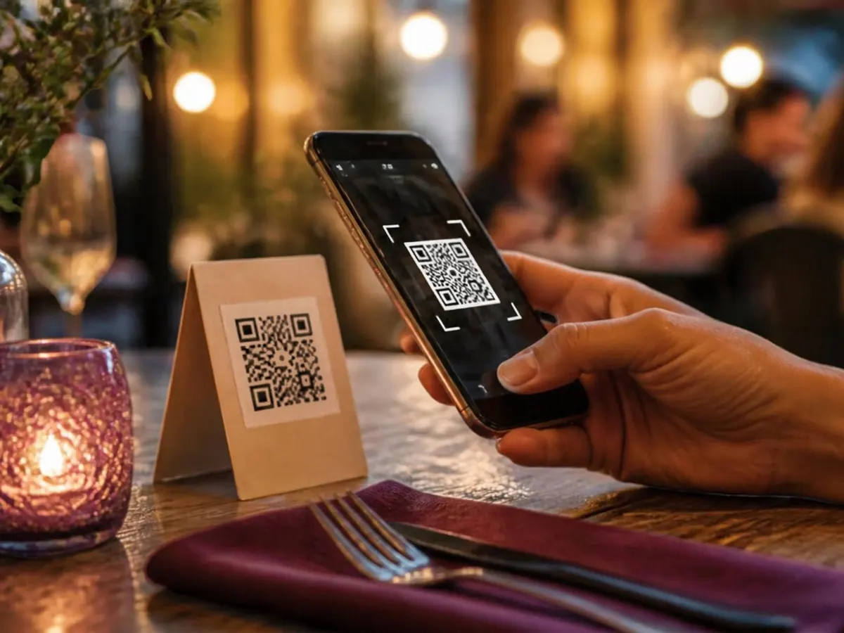 Guest scanning a QR code on a restaurant table to open a contactless digital menu