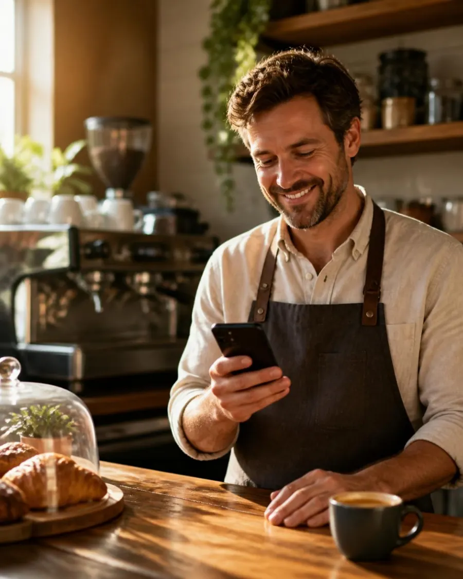 Café owner smiling while checking his QR menu on a phone