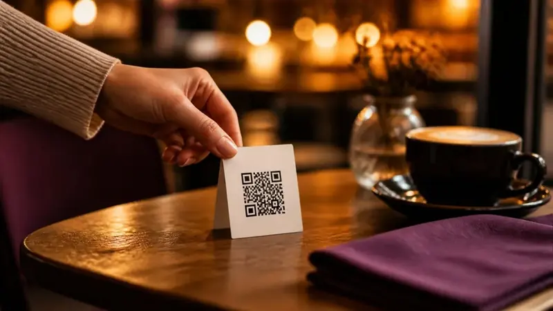 Hand placing a QR code menu card on a café table