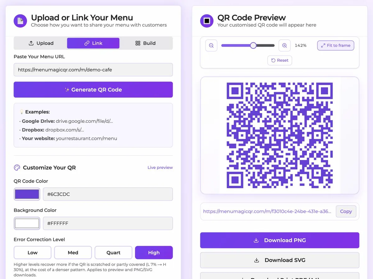 MenuMagicQR generator with a menu link and a purple QR code ready to download