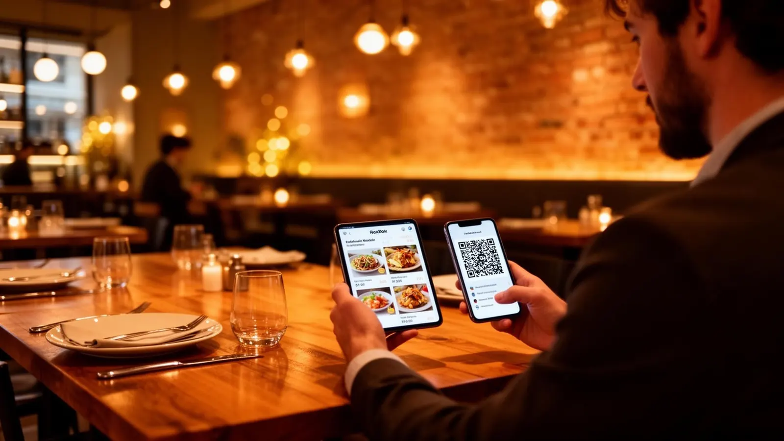 Café customer scanning a QR code menu at the table