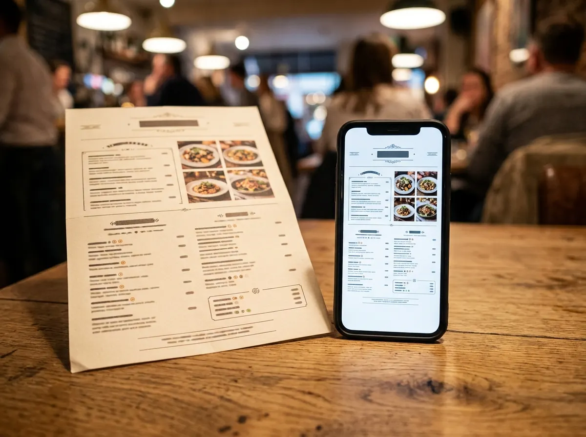 Printed PDF menu beside a phone showing the same menu after scanning a QR code