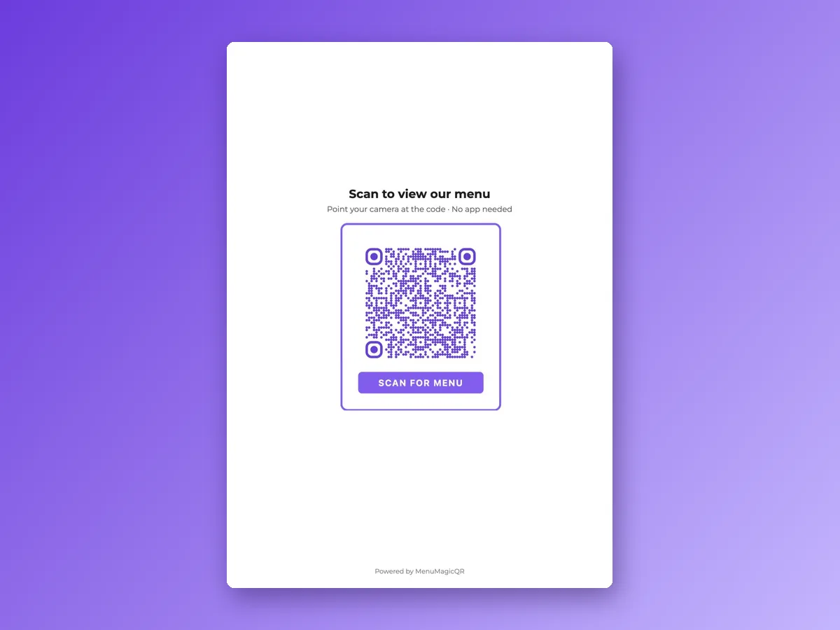 Print-ready A4 QR menu sign with a purple Scan for menu QR code