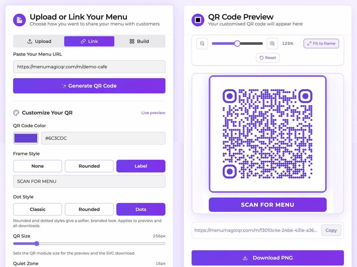 MenuMagicQR maker showing a purple dotted QR code with a Scan for menu frame