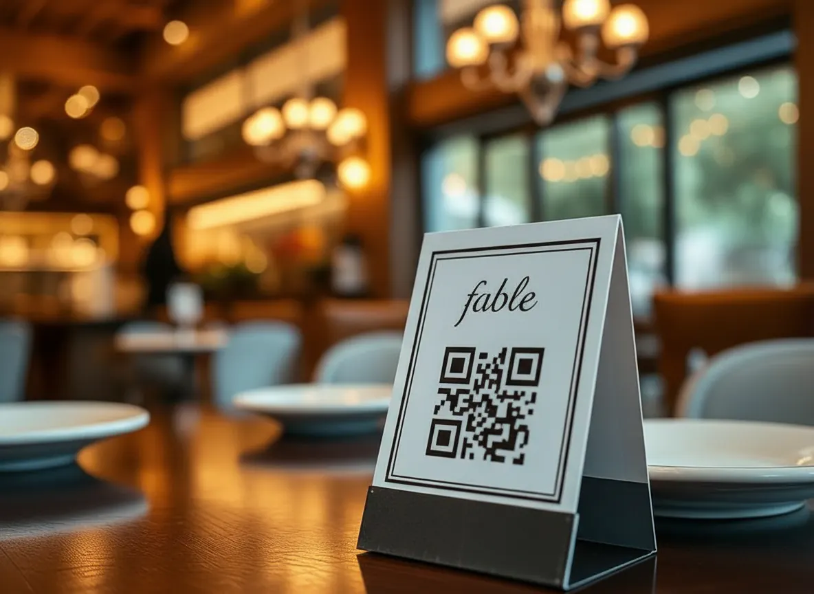 QR code menu stand on a table ready for guests to scan