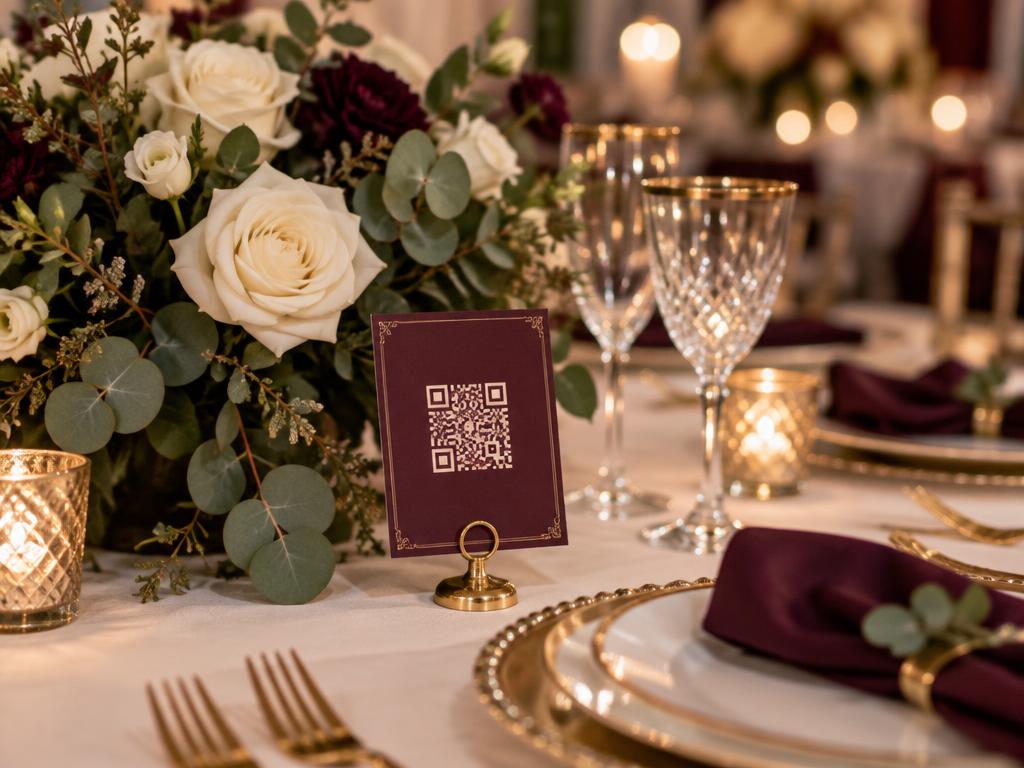 Wedding table with a colour-matched QR code for the menu on a place card