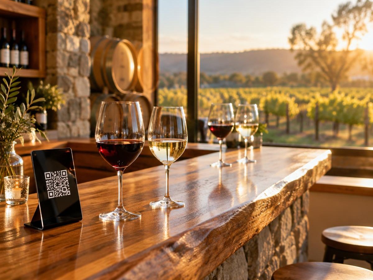 Cellar door tasting bar with wine glasses and a QR code menu stand